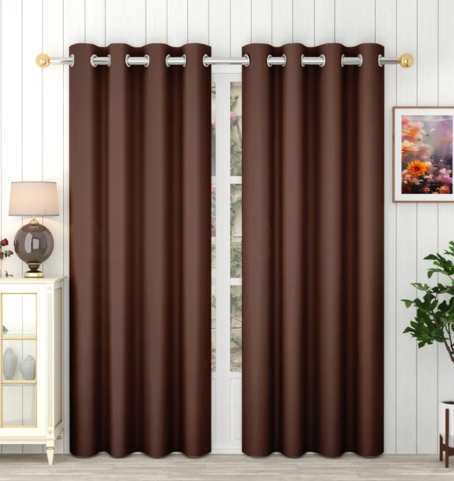 Panipat Textile Hub Polyester Eyelet Brown Solid Blackout curtains Pack of 2 - Window (4x5 Feet)