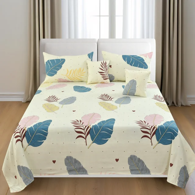 Beige King Flat 230 TC Floral Bedsheet (Pack of 1, Beige (1 Bedsheet + 2 Pillow Covers + 2 Cushion Cover with filler)