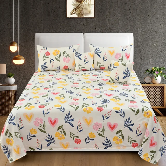 Yellow King Flat 230 TC Floral Bedsheet (Pack of 1, Yellow (1 Bedsheet + 2 Pillow Covers + 2 Cushion Cover with filler)