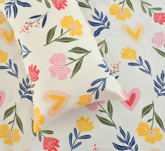 Yellow King Flat 230 TC Floral Bedsheet (Pack of 1, Yellow (1 Bedsheet + 2 Pillow Covers + 2 Cushion Cover with filler)