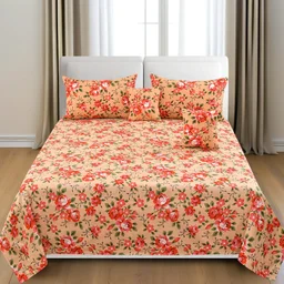 Peach King Flat 230 TC Floral Bedsheet (Pack of 1, Peach (1 Bedsheet + 2 Pillow Covers + 2 Cushion Cover with filler)