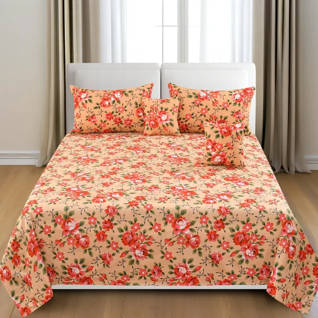 Peach King Flat 230 TC Floral Bedsheet (Pack of 1, Peach (1 Bedsheet + 2 Pillow Covers + 2 Cushion Cover with filler)