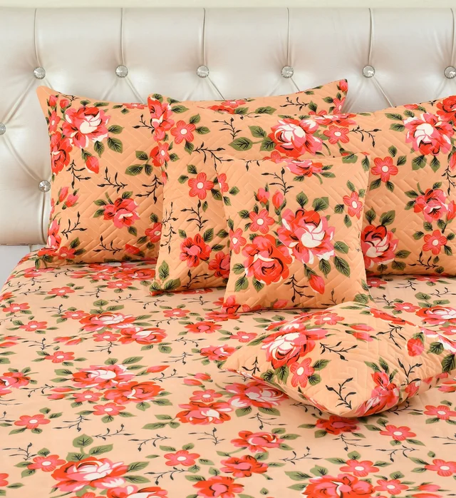 Peach King Flat 230 TC Floral Bedsheet (Pack of 1, Peach (1 Bedsheet + 2 Pillow Covers + 2 Cushion Cover with filler)