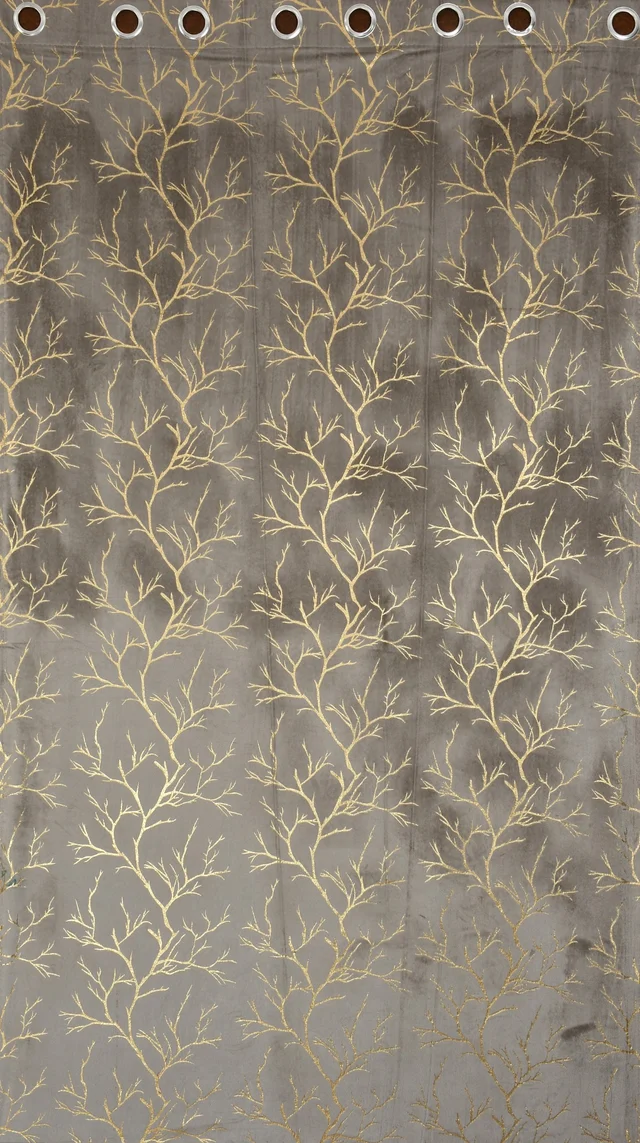Grey velvet Premium Shining Foil Chinaar Print Blackout Curtains Pack of 2 - Door (4 x 7 Feet), Grey