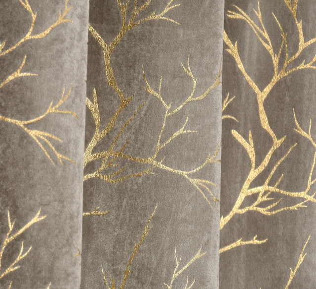 Grey velvet Premium Shining Foil Chinaar Print Blackout Curtains Pack of 2 - Door (4 x 7 Feet), Grey