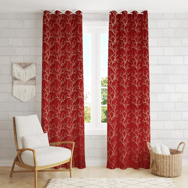 Maroon velvet Premium Shining Foil Chinaar Print Blackout Curtains Pack of 2 - Door (4 x 7 Feet), Maroon