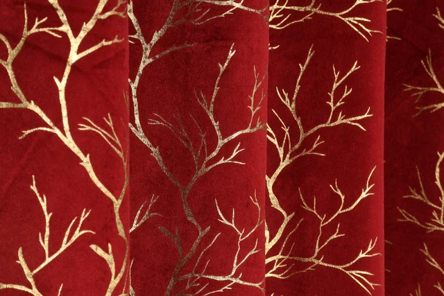 Maroon velvet Premium Shining Foil Chinaar Print Blackout Curtains Pack of 2 - Door (4 x 7 Feet), Maroon