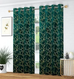 Dark Green velvet Premium Shining Foil Chinaar Print Blackout Curtains Pack of 2 - Window (4 x 5 Feet), Green