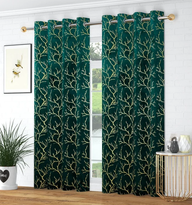 Dark Green velvet Premium Shining Foil Chinaar Print Blackout Curtains Pack of 2 - Window (4 x 5 Feet), Green