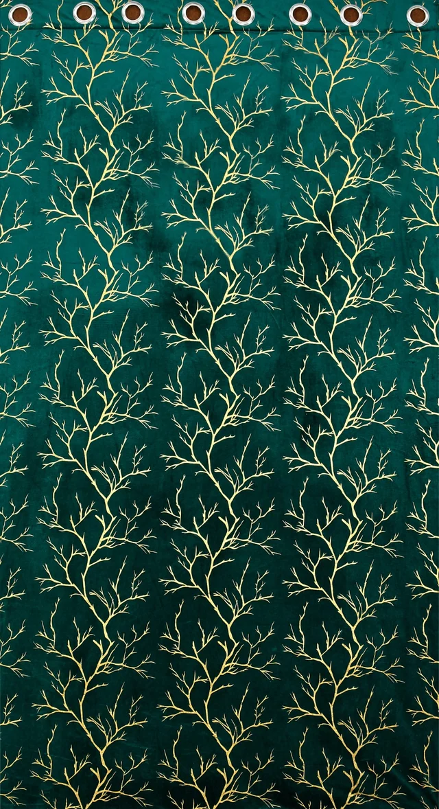 Dark Green velvet Premium Shining Foil Chinaar Print Blackout Curtains Pack of 2 - Window (4 x 5 Feet), Green