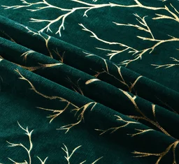 Dark Green velvet Premium Shining Foil Chinaar Print Blackout Curtains Pack of 2 - Window (4 x 5 Feet), Green