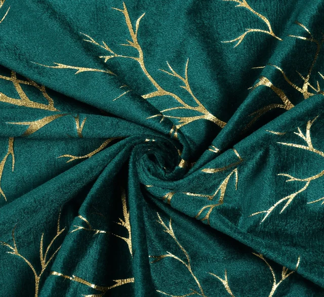 Dark Green velvet Premium Shining Foil Chinaar Print Blackout Curtains Pack of 2 - Window (4 x 5 Feet), Green