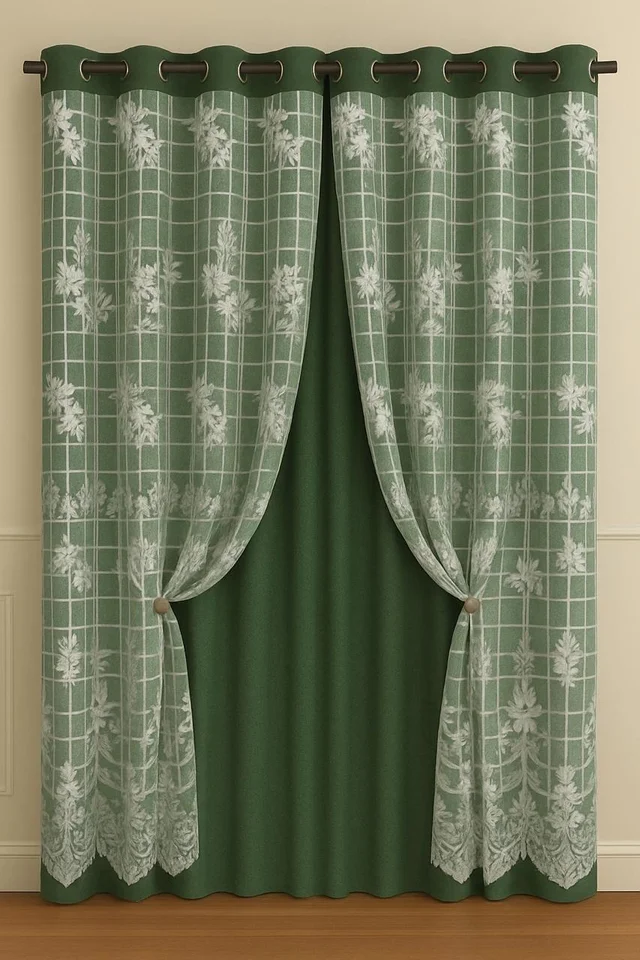 Dark Green luxury Double layer Curtains (Self Design, Pack of 2) - Window (4 x 5 Feet)