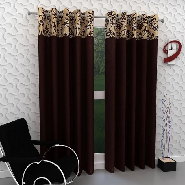 Home Garage Polyester Eyelet Printed Patch work Design Brown Curtains Pack of 2 - Window (4x5 Feet)