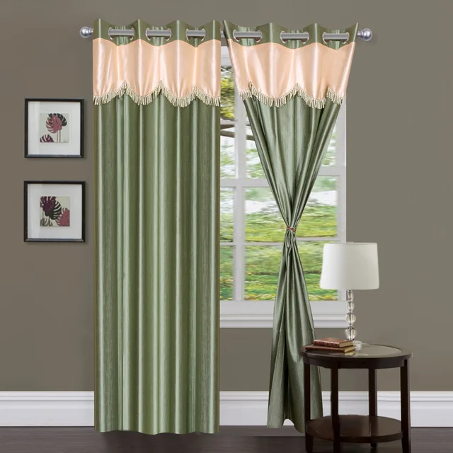 Home Garage Polyester Eyelet Valence Design Green Solid Curtains Pack of 2 - Long Door (4x9 Feet)