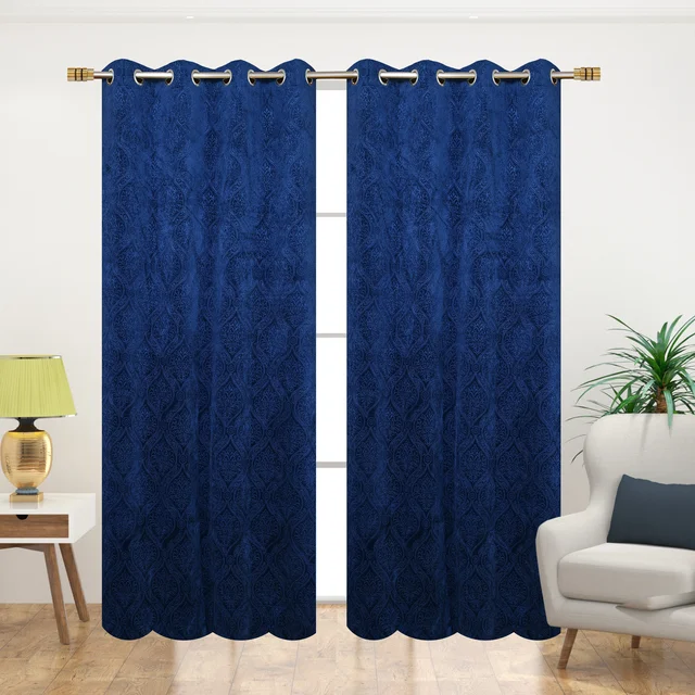 Home Garage Velvet Eyelet Blue Blackout High Quality Punch Print curtains Pack of 2 - Window (4x5 Feet)