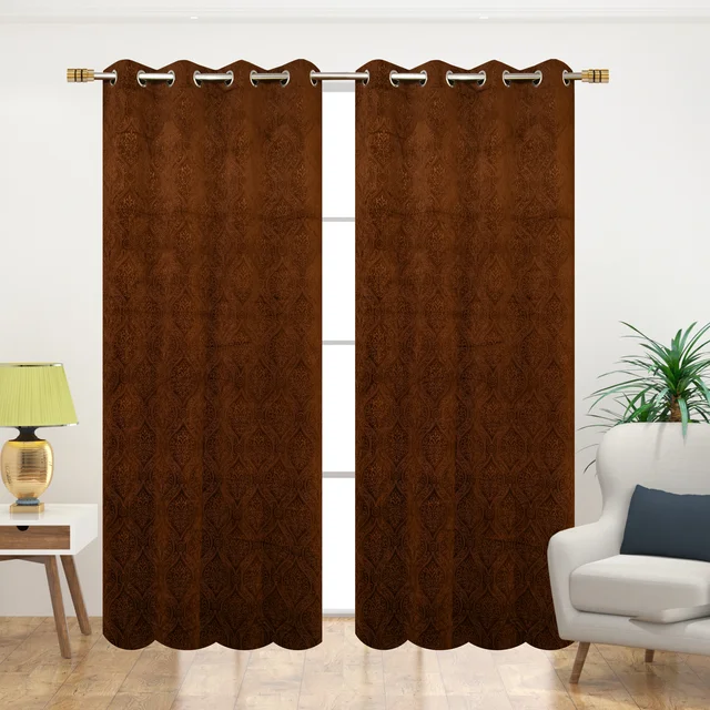 Home Garage Velvet Eyelet Brown Blackout High Quality Punch Print curtains Pack of 2 - Window (4x5 Feet)