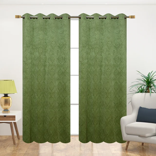 Home Garage Velvet Eyelet Green Blackout High Quality Punch Print curtains Pack of 2 - Window (4x5 feet)