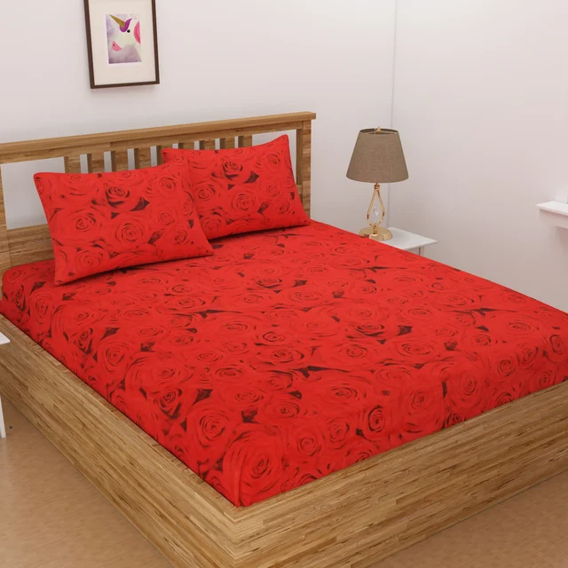 Panipat Textile Hub 140 TC Microfiber 3D Rose Printed Flat Double Bedsheet With 2 pillow cover - Double Bedsheet
