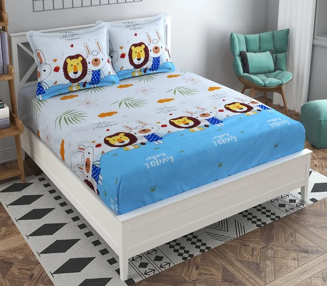 Panipat Textile Hub 140 TC Microfiber Lion Printed Flat Double Bedsheet With 2 pillow cover - Double Bedsheet