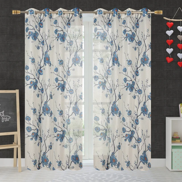 Panipat Textile Hub Net Semi Transparent Floral Curtain (Floral Design, Blue) Pack of 2 - Door (4x7 Feet)