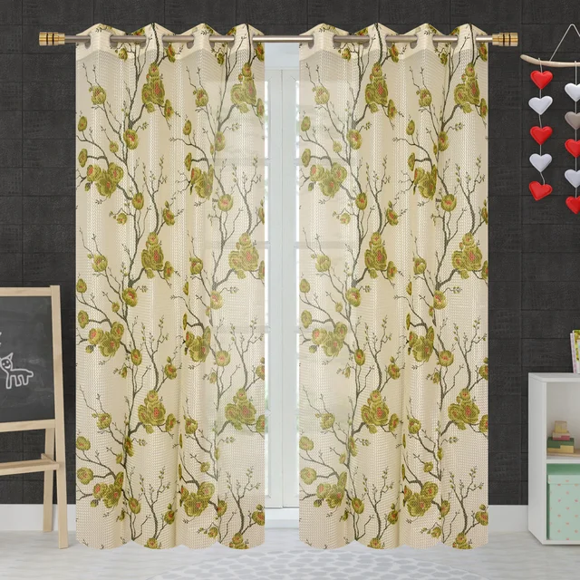 Panipat Textile Hub Net Semi Transparent Floral Curtains (Floral Design, Green) Pack of 2 - Door (4x7 Feet)