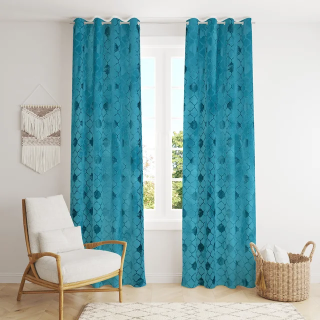 Panipat Textile Hub Polyester Eyelet Aqua Designer Print Velvet Blackout curtains Pack of 2 - Door (4x7 Feet)