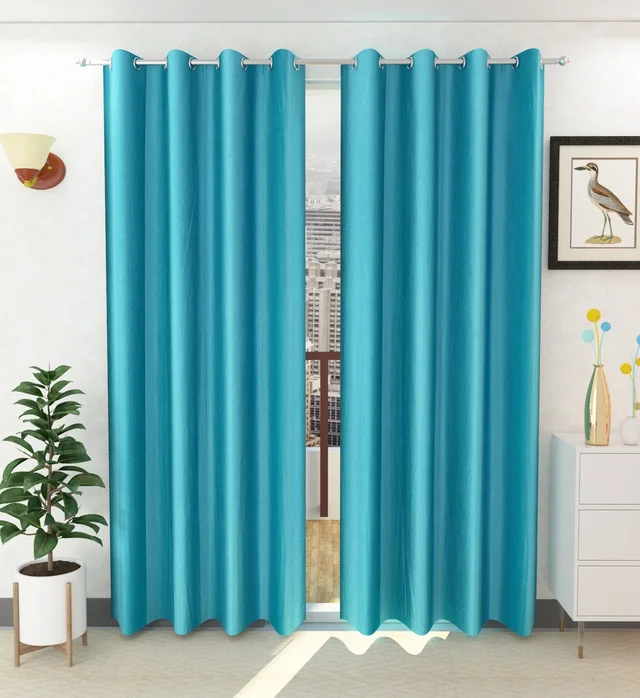 Panipat Textile Hub Polyester Eyelet Aqua Solid Plain Design curtains Pack of 2 - Window (4x5 Feet)