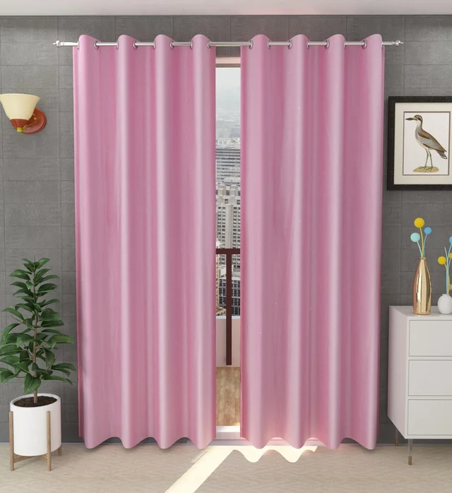 Panipat Textile Hub Polyester Eyelet Baby Pink Solid Plain curtains Pack of 2 - Window (4x5 Feet)