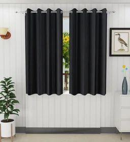 Panipat Textile Hub Polyester Eyelet Black Solid Plain curtains Pack of 2 - Window (4x5 Feet)