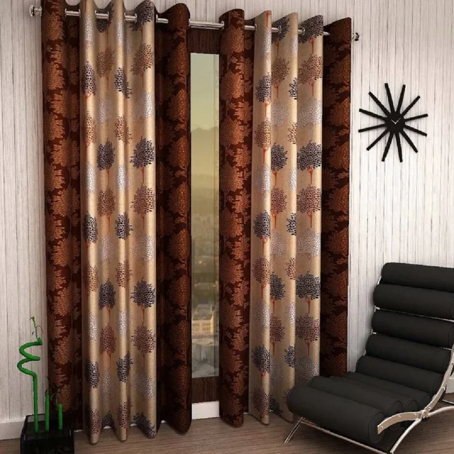Panipat Textile Hub Polyester Eyelet Brown Printed Design curtains Pack of 2 - Window (4x5 Feet)