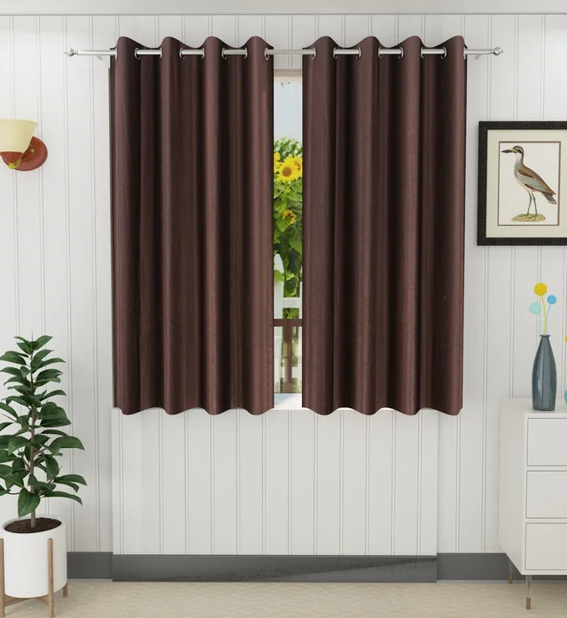 Panipat Textile Hub Polyester Eyelet Brown Solid Plain curtains Pack of 2 - Window (4x5 Feet)