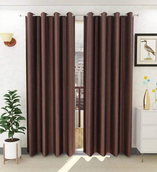 Panipat Textile Hub Polyester Eyelet Brown Solid Plain curtains Pack of 2 - Window (4x5 Feet)