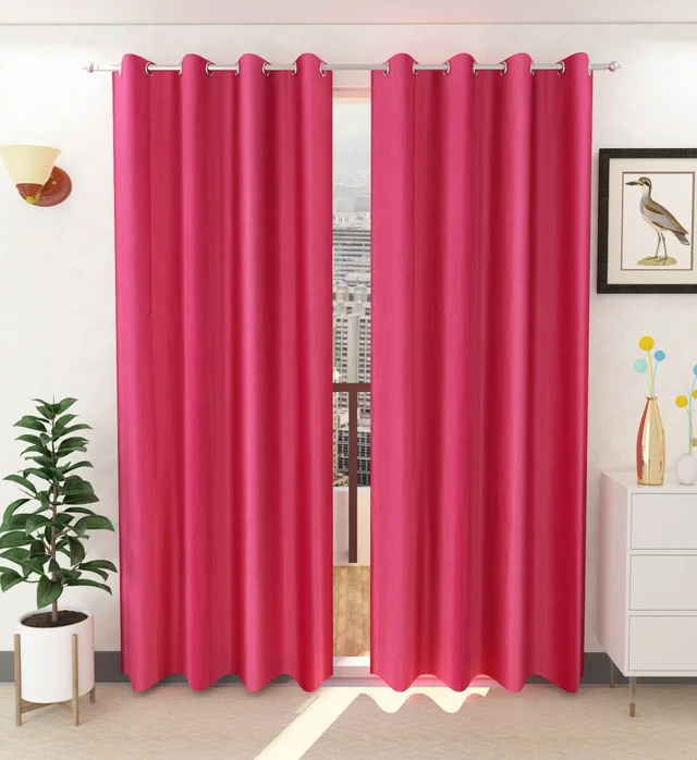 Panipat Textile Hub Polyester Eyelet Dark Pink Solid Plain curtains Pack of 2 - Window (4x5 Feet)