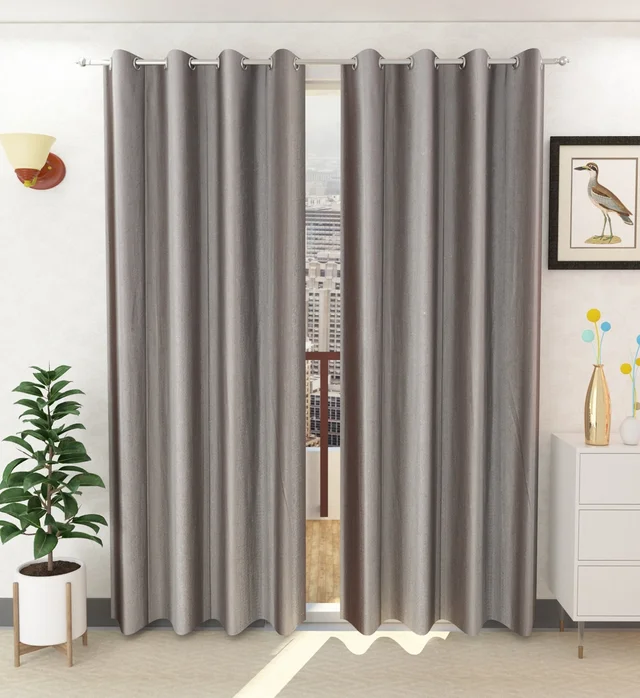 Panipat Textile Hub Polyester Eyelet Grey Solid Plain Design curtains Pack of 2 - Window (4x5 Feet)