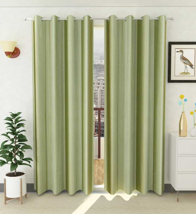 Panipat Textile Hub Polyester Eyelet Light Green Solid Plain curtains Pack of 2 - Window (4x5 Feet)