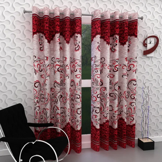 Panipat Textile Hub polyester Eyelet Maroon Printed Design curtains Pack of 2 - Window (4x5 Feet)