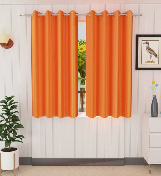 Panipat Textile Hub Polyester Eyelet Orange Solid Plain curtains Pack of 2 - Window (4x5 Feet)