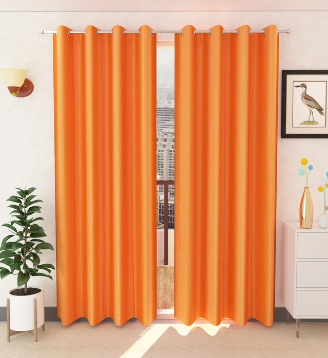 Panipat Textile Hub Polyester Eyelet Orange Solid Plain curtains Pack of 2 - Window (4x5 Feet)