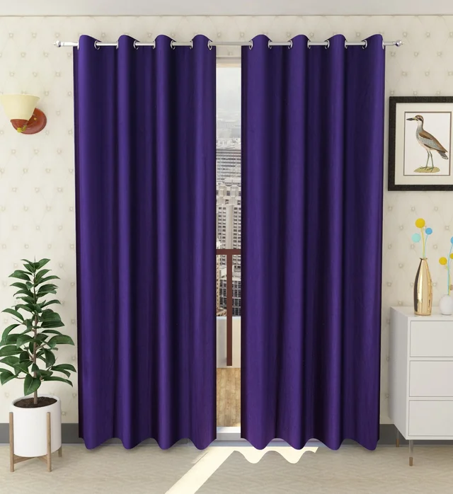 Panipat Textile Hub Polyester Eyelet Purple Solid Plain curtains Pack of 2 - Door (4x7 Feet)