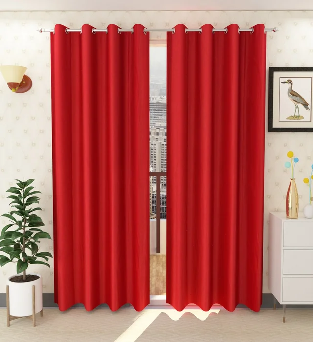 Panipat Textile Hub Polyester Eyelet Red Solid Plain curtains Pack of 2 - Window (4x5 Feet)