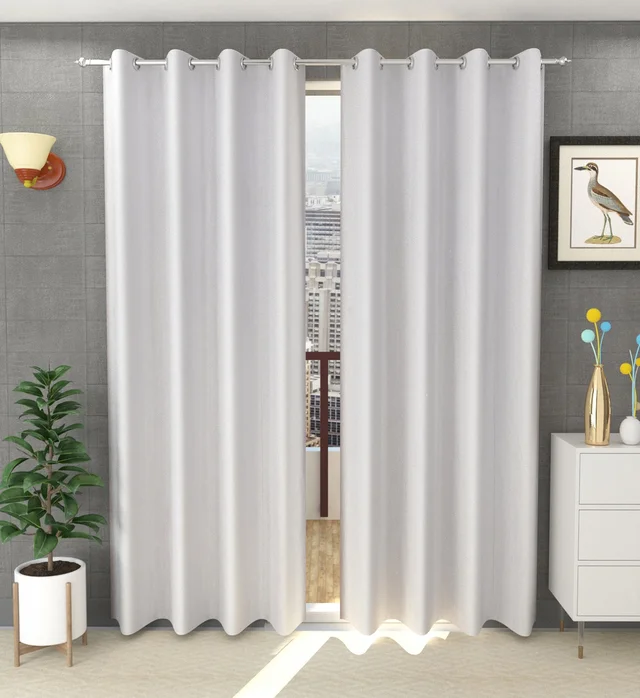 Panipat Textile Hub Polyester Eyelet White Solid Plain curtains Pack of 2 - Long Door (4x9 Feet)