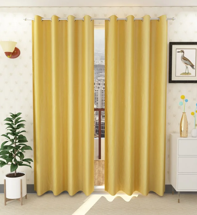 Panipat Textile Hub Polyester Eyelet Yellow Solid Plain curtains Pack of 2 - Window (4x5 Feet)