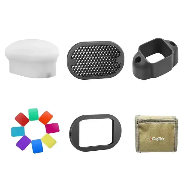 Digitek DFB 002 Professional Speedlight Flash & Modifier Kit | Diffuser, Sphere, Grid, Grip, 8 Creative Gels