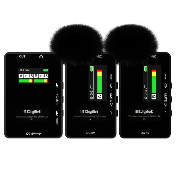 Digitek® DWM 104 Wireless Microphone System – 2 Transmitters & 1 Receiver, TFT Display, 150m Range, 10-Hour Runtime, Noise Cancellation, Low Cut, Mono/Stereo Output, 3.5mm Interface