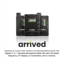Digitek® DWM 104 Wireless Microphone System – 2 Transmitters & 1 Receiver, TFT Display, 150m Range, 10-Hour Runtime, Noise Cancellation, Low Cut, Mono/Stereo Output, 3.5mm Interface