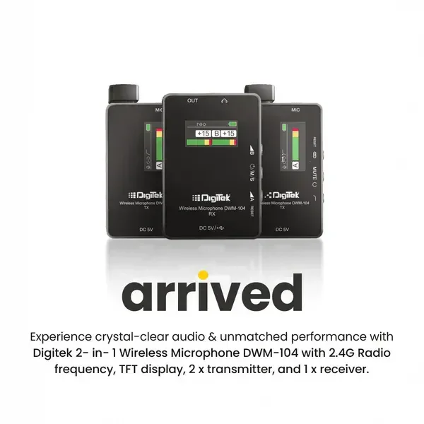 Digitek® DWM 104 Wireless Microphone System – 2 Transmitters & 1 Receiver, TFT Display, 150m Range, 10-Hour Runtime, Noise Cancellation, Low Cut, Mono/Stereo Output, 3.5mm Interface