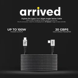 Digitek® 5M Type-C to Type-C Right Angle Tethering Cable | 100W PD | 20Gbps Data | Nylon Braided for Photography & Videography