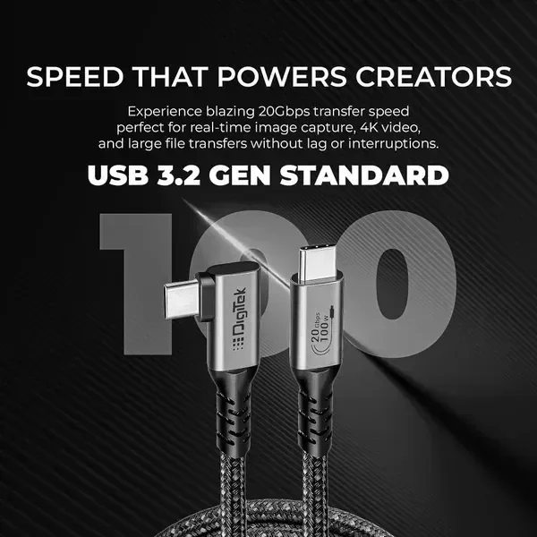 Digitek® 5M Type-C to Type-C Right Angle Tethering Cable | 100W PD | 20Gbps Data | Nylon Braided for Photography & Videography