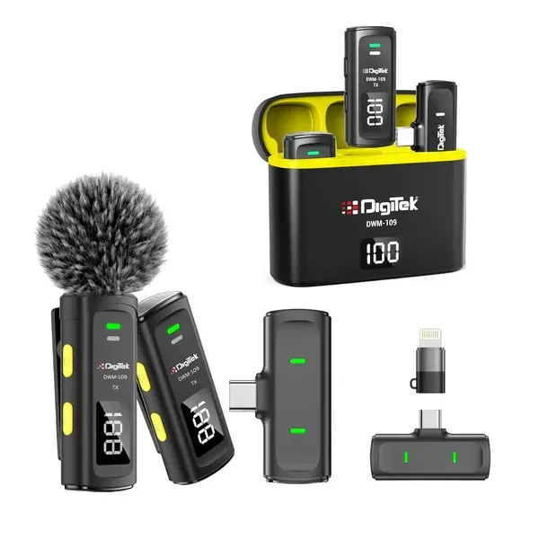 Digitek DWM-109 Wireless Mic System | 2-in-1 Type-C & Lightning Mic, 2.4GHz, 50m Range, 7Hr Battery | For Android & iPhone Recording